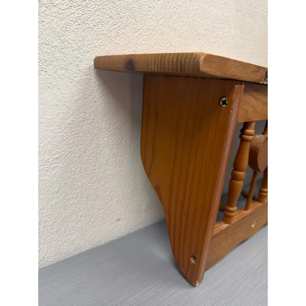Vtg Wooden Heart Spindle Wall Shelf Five Pegs 23 inch Cottagecore Farmhouse